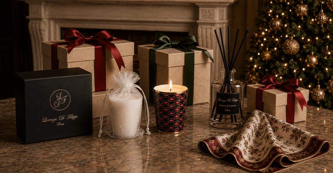 Idées cadeaux de Noël : bougie, parfum d’ambiance et carré de soie – Lorenza Di Filippo